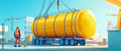 Worker watches large yellow tank being lifted by crane.