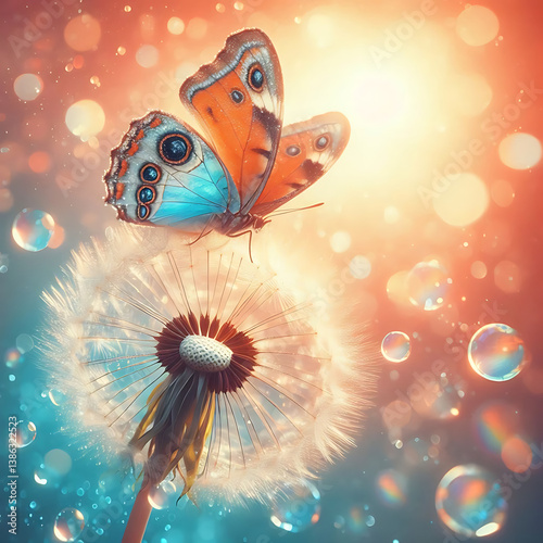 Natural pastel background. Morpho butterfly and dandelion. Seeds of a dandelion flower in droplets of dew on a background of sunrise. Soft focus. Copy spaces.                              