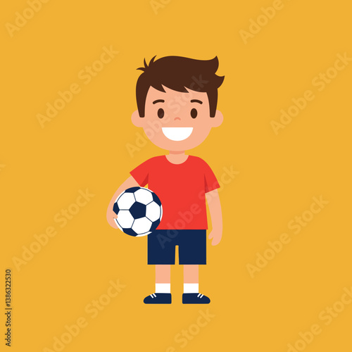 Happy young boy in red t-shirt holding soccer ball in flat vector art
