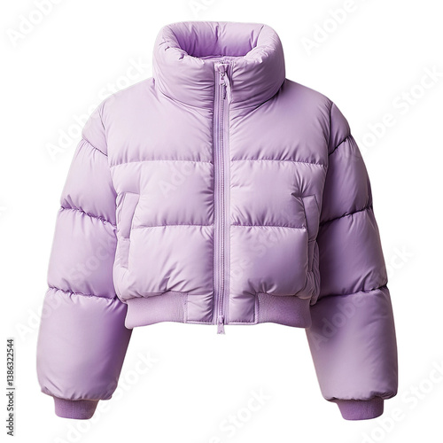 Cropped puffer jacket in pastel lilac. Isolated white background. Png format