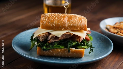 Philly Roast Pork Sandwich: Tender roast pork with sharp provolone and sautéed broccoli rabe on a crusty roll. A Philadelphia specialty.