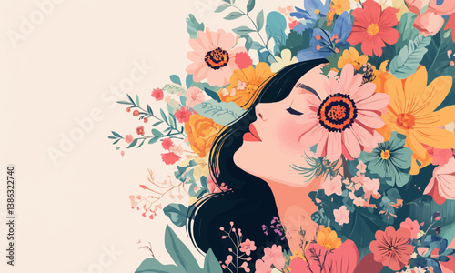 Woman with dark hair surrounded by colorful flowers, eyes closed.