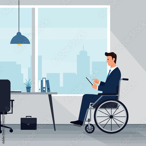 A young businessman in a wheelchair working at a modern desk in a bright office vector illustration