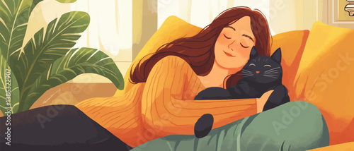 A woman hugging with furry cat at cozy home