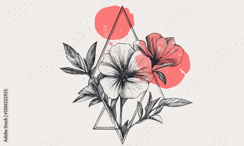 abstract drawn flower in geometric triangle illustration in trendy line linear art style. Branding
