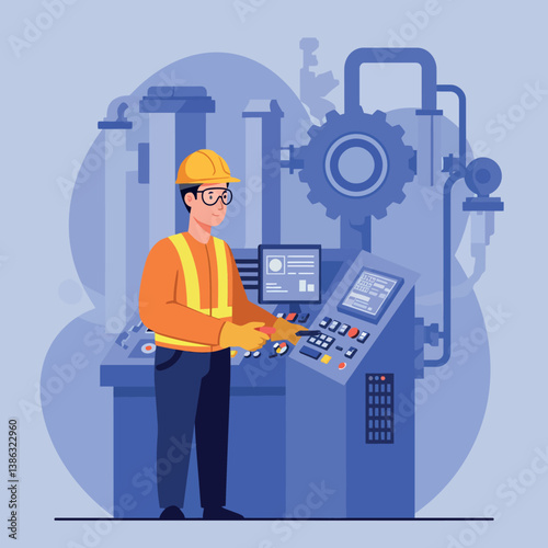 Factory worker operating machinery in a detailed flat vector illustration