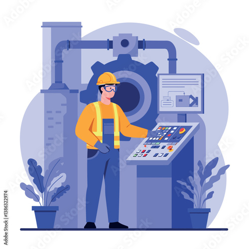 A factory worker operating machinery in a modern industrial setting, flat vector illustration