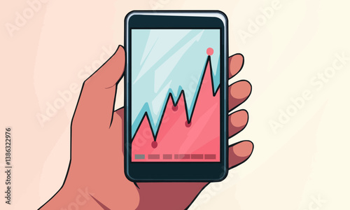 A hand grasping a smartphone that shows a financial chart with rising trends, representing market analysis or trading activity