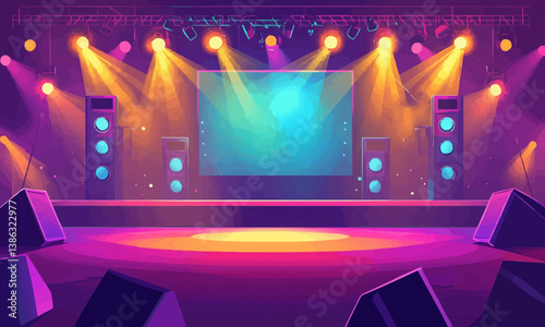 A contemporary cartoon illustration of a concert stage with a spotlight-lit screen. The empty scene is set up for a rock festival, show, performance
