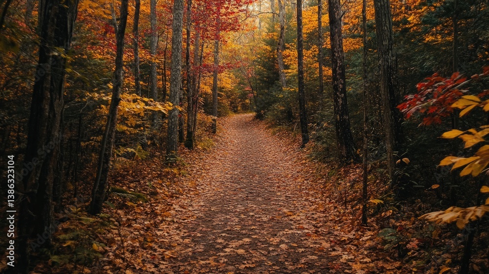 Pathway through a forest with trees and leaves in vibrant red, orange, and yellow autumn colors. Warm sunlight filters through creating a picturesque fall landscape. Generative AI