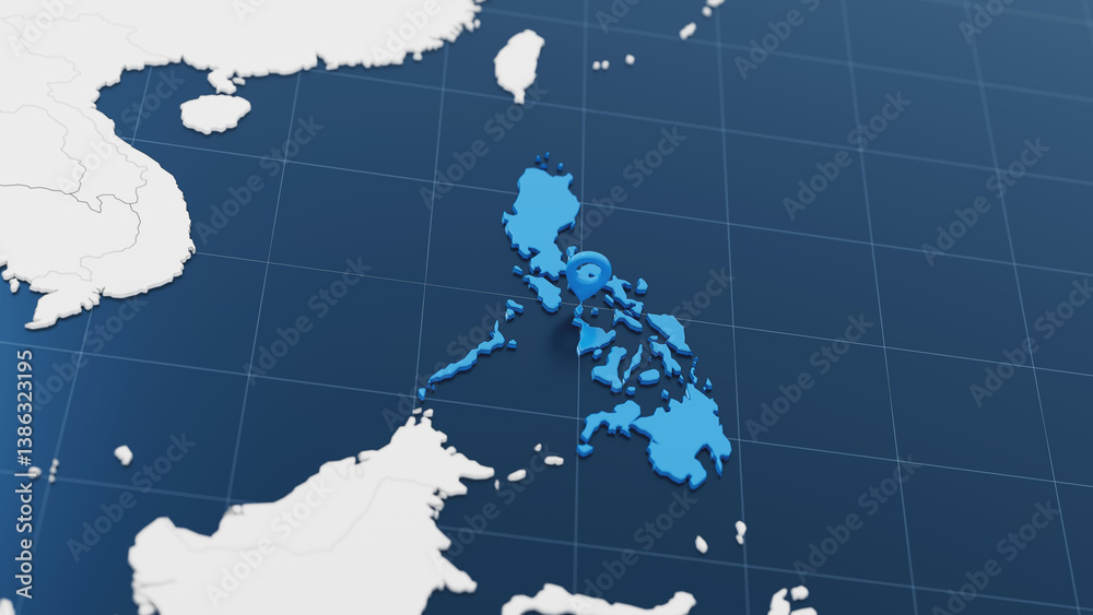 Fototapeta premium Blue Philippines 3d map with pointer pin surrounded with other countries in white.Political map with borders. 3d render illustration