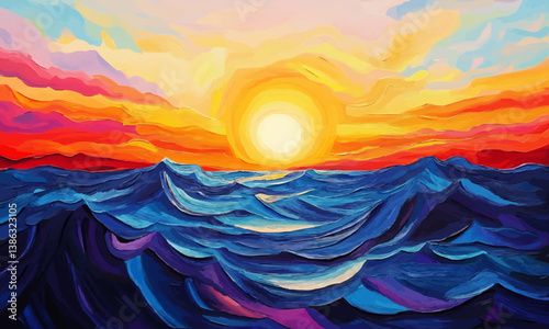 Colorful sunset over ocean waves in a vibrant painting.