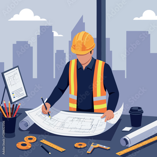 Construction worker in safety gear analyzing blueprints in a modern office setting flat vector illustration