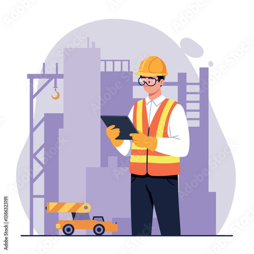 Construction worker in safety gear using tablet at urban site, flat vector illustration