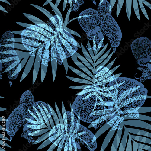 Exotic mystic tropical seamless pattern with spotted blue orchid flowers and leaves. Floral botanical illustration for bedding, home textile, package, fabric. Rapport illustration.