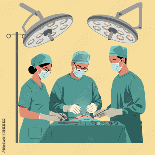 Surgical team performing an operation in a sterile environment with flat vector art