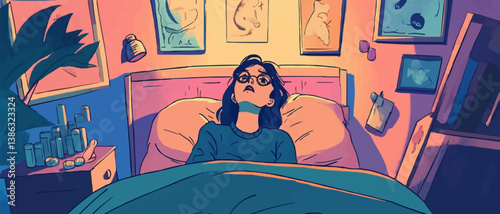A Person Contemplating in Bed, Gazing at the Ceiling with a Concerned Expression, Surrounded by Late-Night Hours and Sleep Supplements