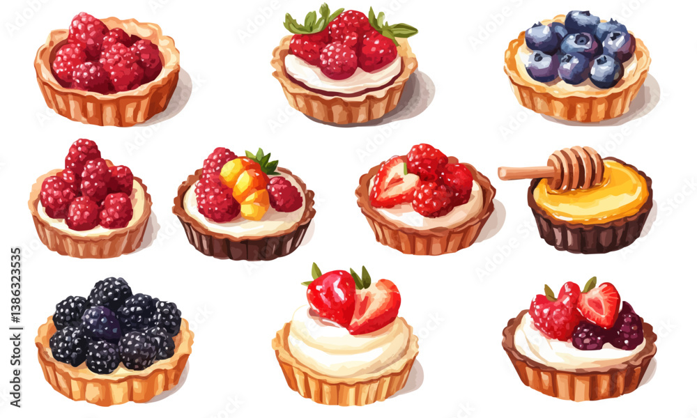 Assorted fruit tarts, including berries, honey, and creamy fillings displayed. Assorted fruit tarts, including berries, honey, and creamy fillings displayed.