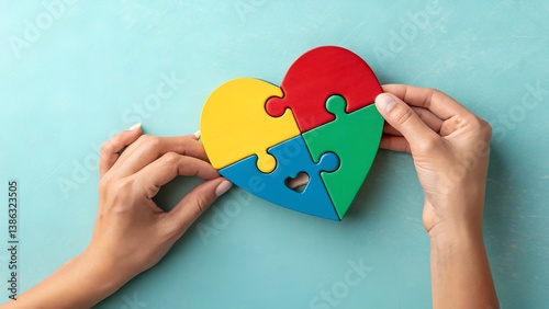 Heart-Shaped Puzzle with Colorful Pieces Held by Hands