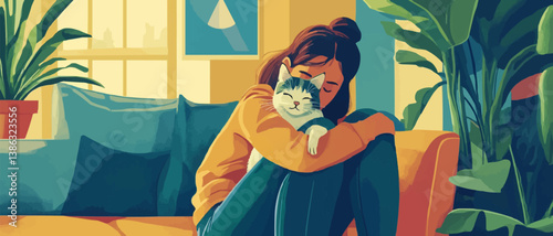 A woman hugging with furry cat at cozy home