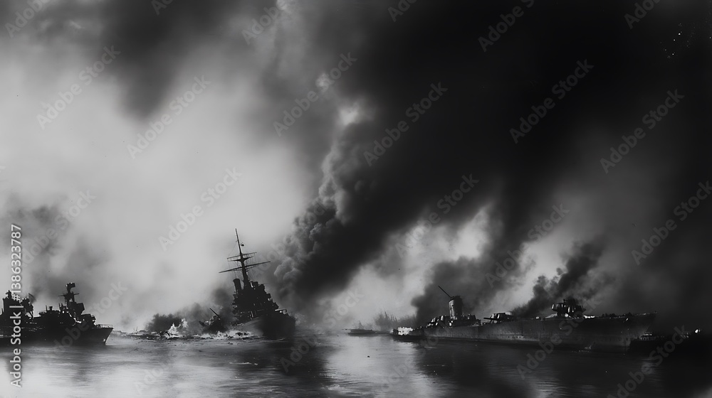 Fototapeta premium Burning warships surrounded by thick smoke and reflecting on the water
