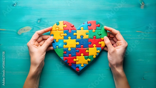 Heart-Shaped Puzzle with Colorful Pieces Held by Hands.