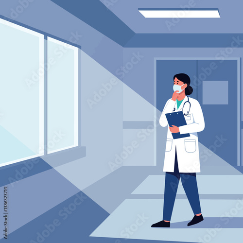 Doctor in a white coat contemplating by a window in a hospital corridor, flat vector illustration