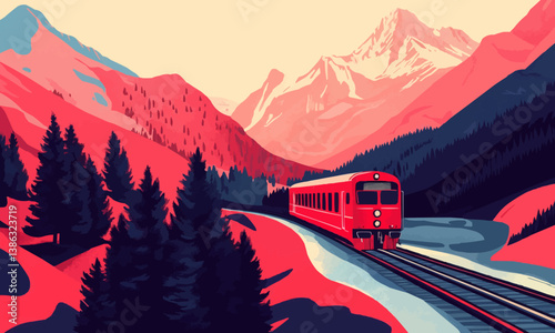Train travels through colorful mountainous landscape with trees and snow.