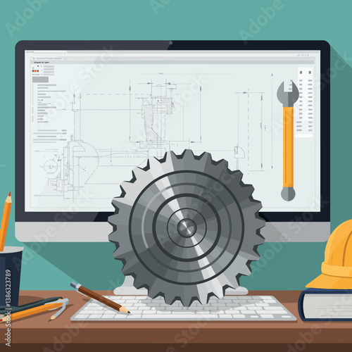 Computer workstation with engineering tools and blueprints in flat vector art