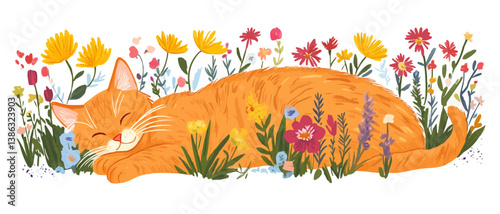 A relaxed orange cat sleeping among colorful flowers