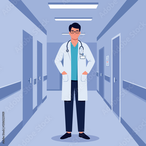 Doctor in a white coat standing confidently in a hospital corridor, flat vector illustration