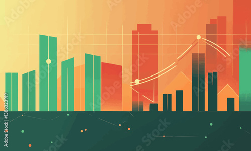 Buildings and graph lines against an orange and green backdrop.