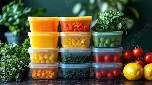 Obraz na płótnie Stacked food containers with various vegetables and herbs. w salonie