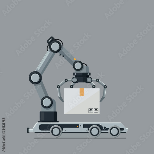 Robotic arm lifting a package on a conveyor belt in flat vector art
