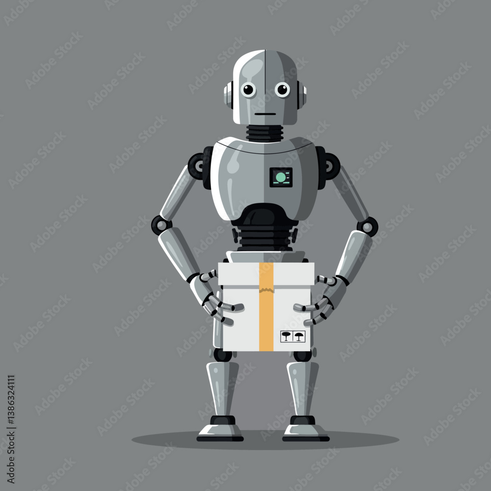 Robot holding a white package in a flat, minimal design style vector art Robot holding a white package in a flat, minimal design style vector art