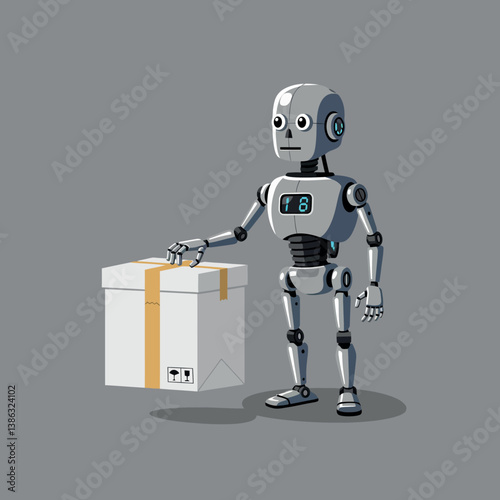 Robot holding a white box with a yellow ribbon in a flat vector illustration