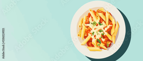Plate of pasta with sauce, cheese, and herbs on blue.