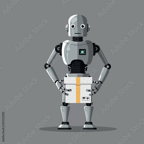 Robot holding a white package in a flat, minimal design style vector art