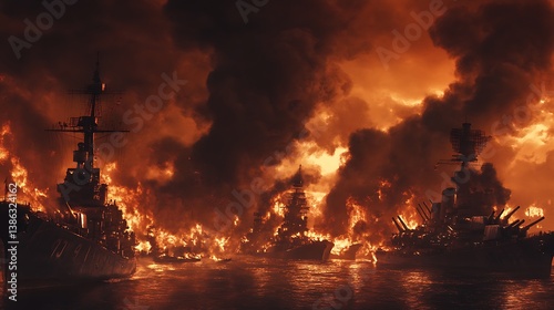 Wallpaper Mural Burning warships engulfed in intense flames and billowing black smoke Torontodigital.ca