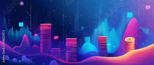 Colorful abstract landscape with hills, glowing cubes, and stars.
