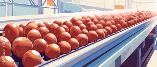 Conveyor belt with rows of oranges in a factory.
