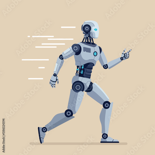 Running humanoid robot in sleek design style showcasing motion and speed in vector art