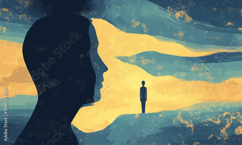 Silhouette of head, person standing, abstract sky, contemplative scene.