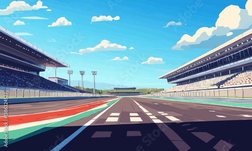 Background with a racing track, grandstands, and an outdoor racetrack arena without anyone in sight