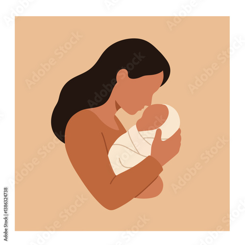 A mother tenderly cradling her newborn baby in a warm and loving embrace, flat vector art