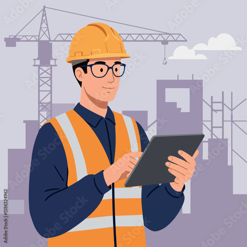 Construction worker in safety gear using tablet in a flat vector illustration