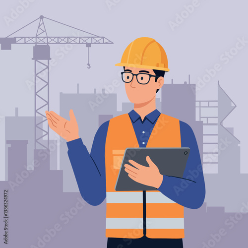Construction worker in safety gear explaining project details in minimal vector art