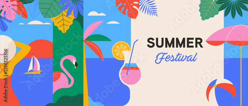 Obraz na płótnie Colorful Geometric Summer Festival and Travel Background, poster, banner. Summer time fun concept design promotion design. Vector illustration w salonie