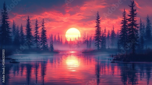 Majestic Sunset over Tranquil Lake and Pine Forest
