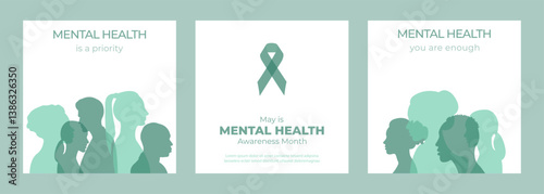 Mental Health card set.Mental health problems and emotional burnout. Concept of psychotherapy.Vector illustration.